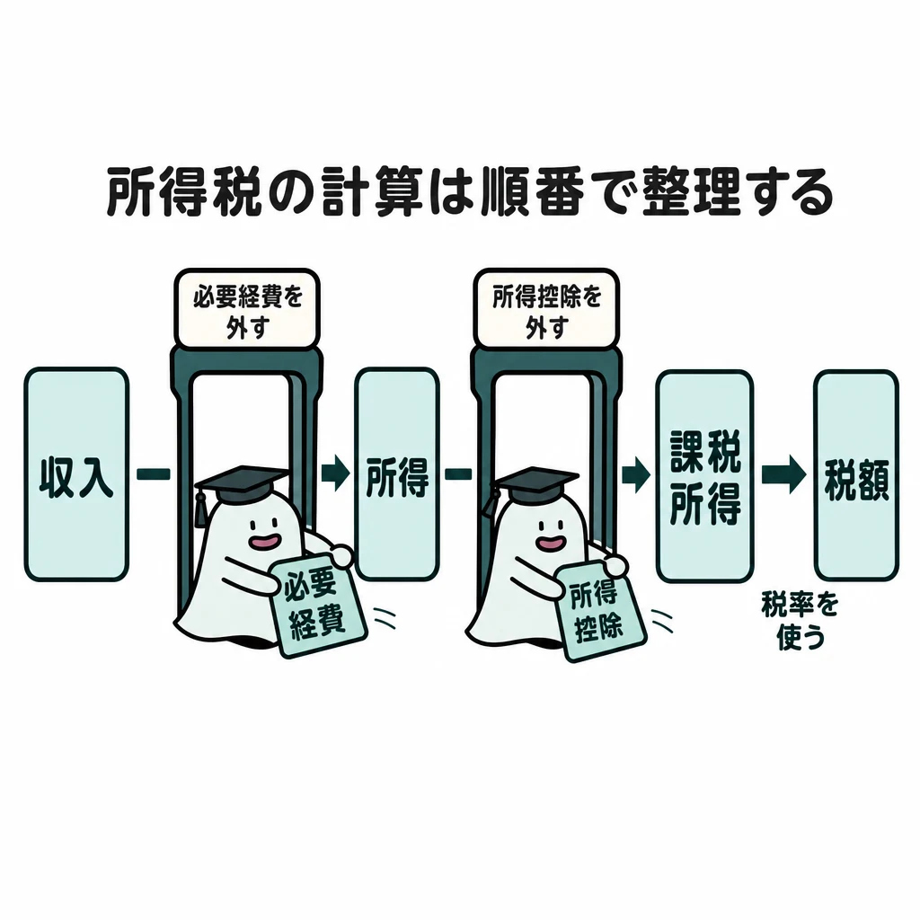 収入から所得、課税所得、税額へ進む段階と各段階で差し引くものを示す図