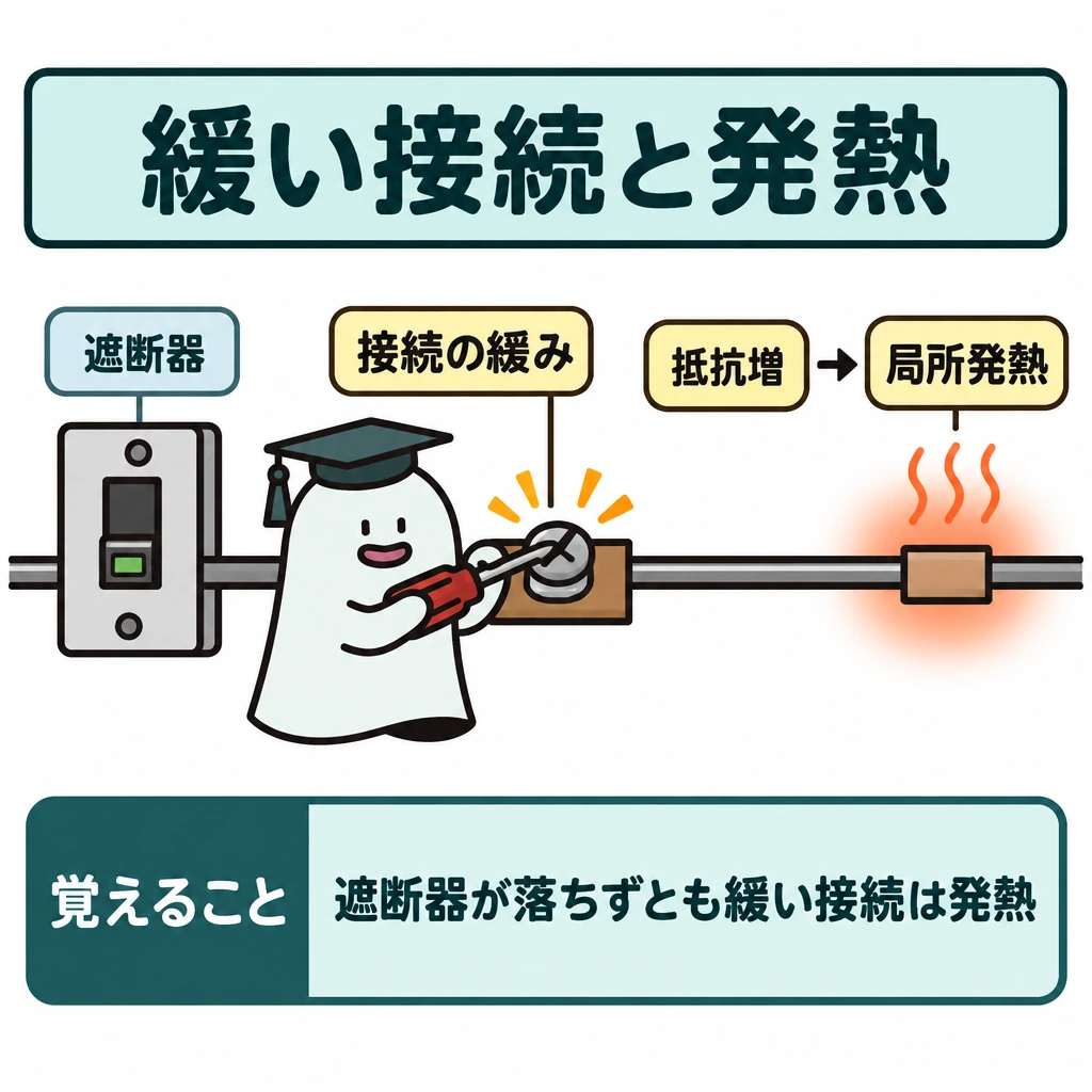 基本の仕組みの図解。1本の回路を左から右へ描き、左に落ちていない遮断器、中央に緩んだ接続部、右にその部分だけの発熱を置く。接続部から「抵抗増」→「局所発熱」と矢印でつなぎ、回路全体の過電流と局所的な発熱を混同させない。