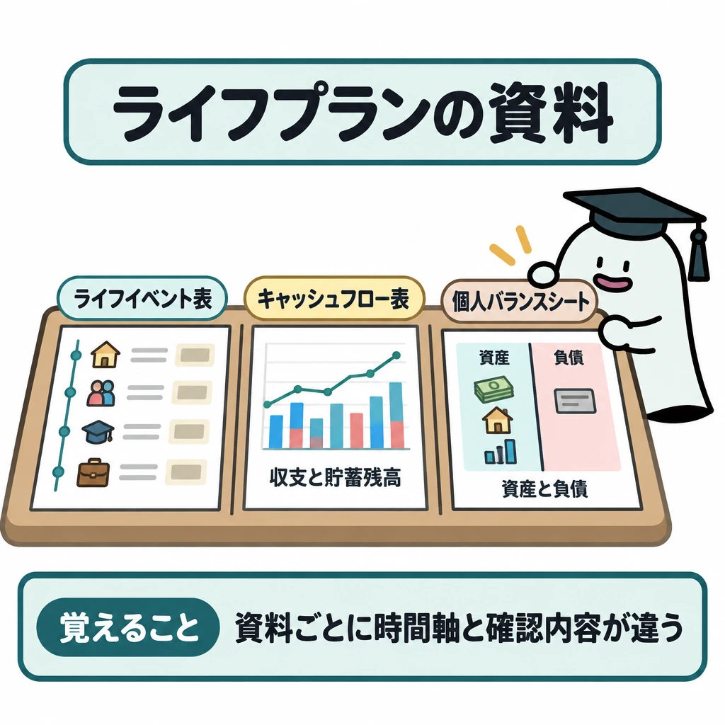 ライフプランの資料と可処分所得の図解。一つの机上に3枚の資料を左から並べ、細い仕切りで区別する。左は将来の各年の出来事と必要額、中は年ごとの収支と貯蓄残高の推移、右は一時点の資産と負債を描き、資料間を矢印でつながない。