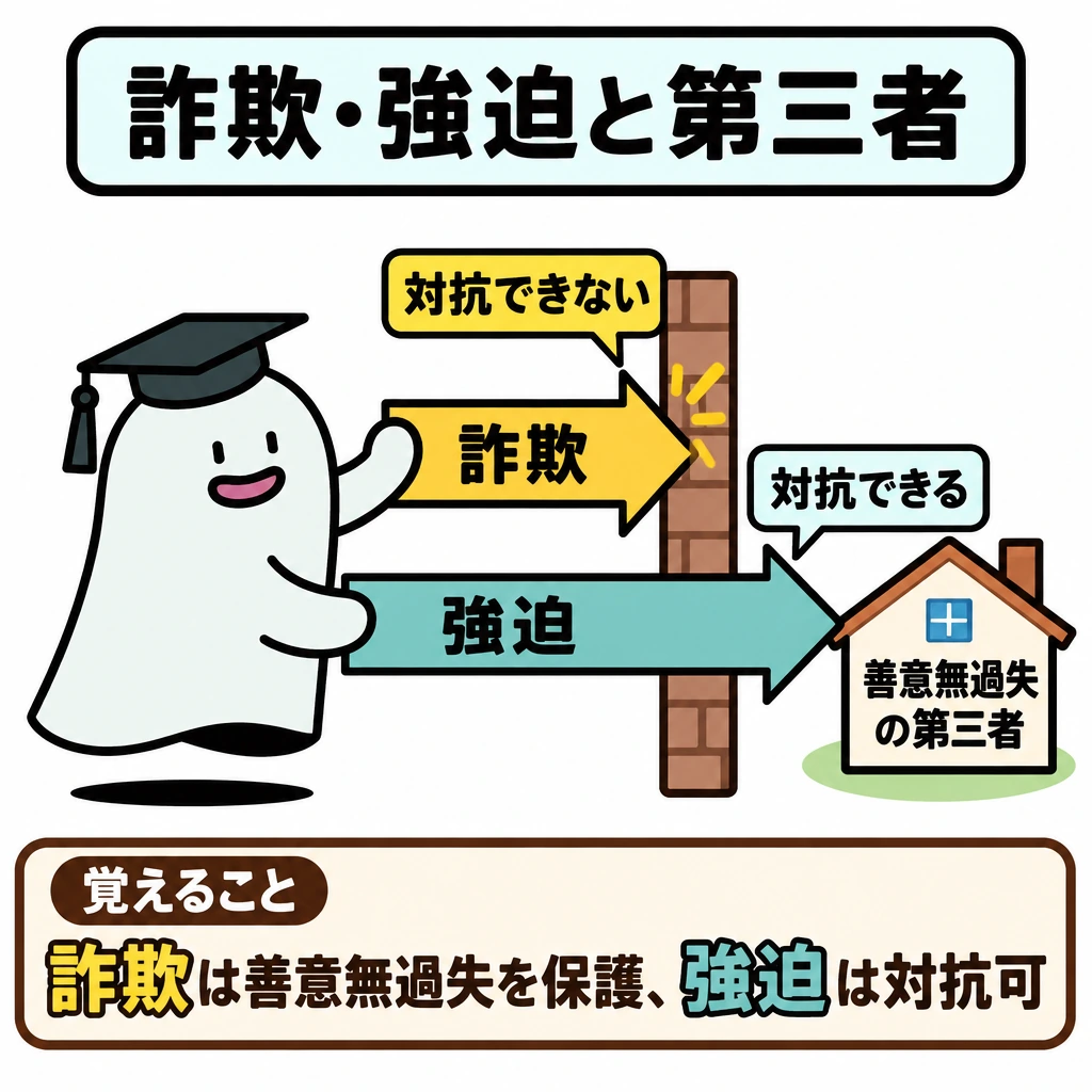 行為能力と意思表示の図解。正方形の図を上下2段に仕切り、左に取消し、右に共通の「善意無過失の第三者」を置く。上段の詐欺による取消しの矢印は第三者の手前で止め、下段の強迫による取消しの矢印だけを第三者まで通す。