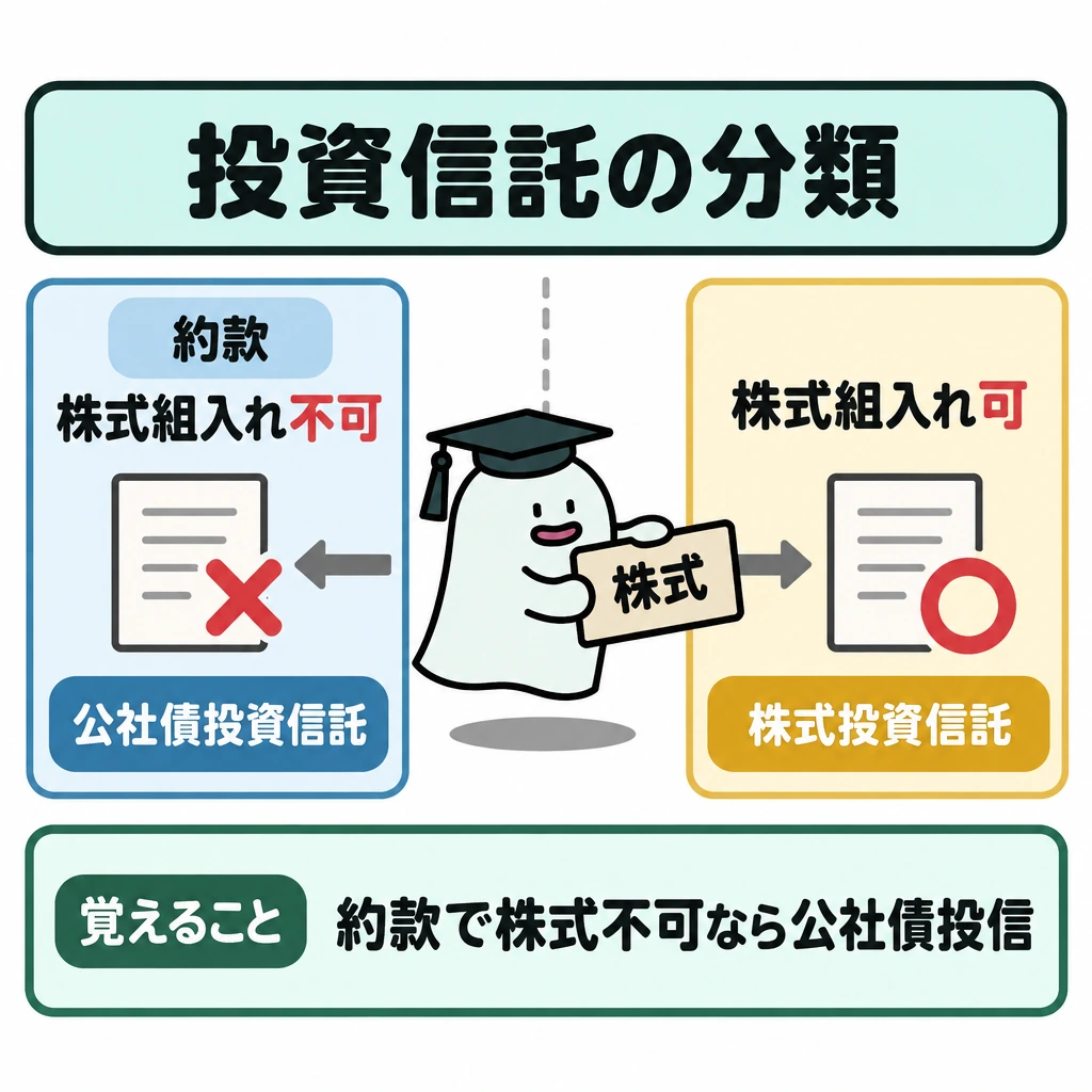 投資信託の分類と上場投資信託の図解。中央の仕切りを挟み、左に株式の組入れを約款で禁じる公社債投資信託、右に少しでも認める株式投資信託を配置する。株式カードから左右へ短い矢印を伸ばし、左は×、右は○で組入れの可否を示す。