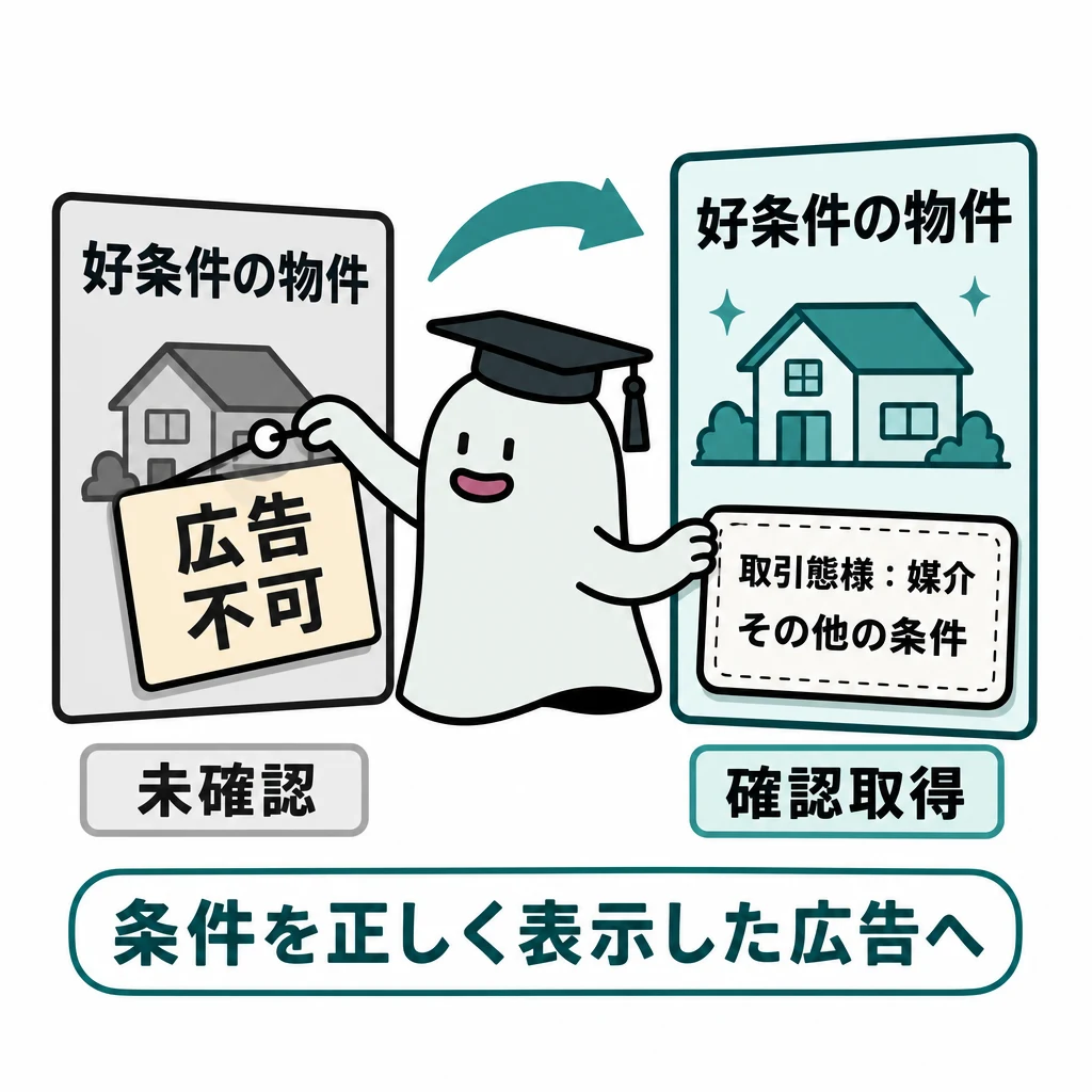 エルくんが説明する図解。未確認→広告不可、確認取得→条件を正しく表示した広告へ。
