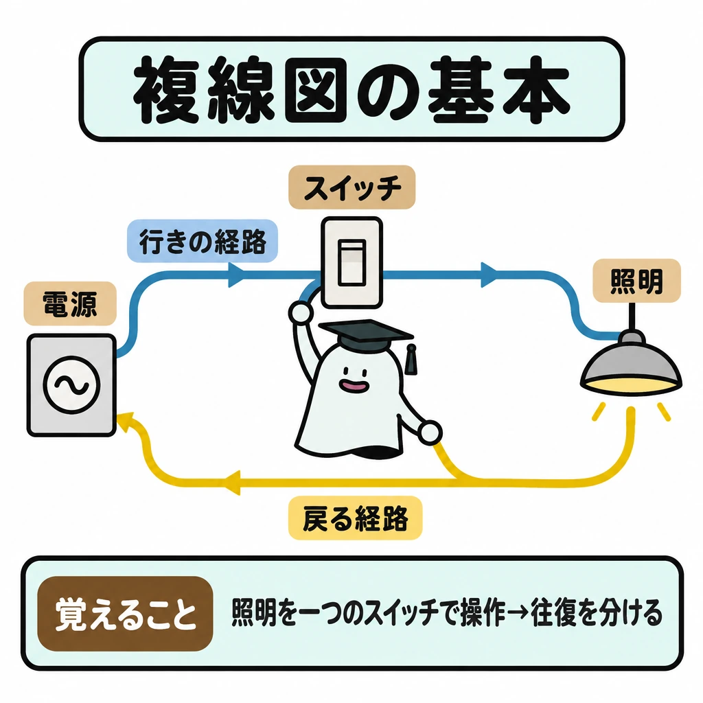 基本の仕組みの図解。左に電源、中央上にスイッチ、右に照明を置く。上側に「電源→スイッチ→照明」の経路、下側に「照明→電源」の戻る経路を描き、交差させずに分ける。
