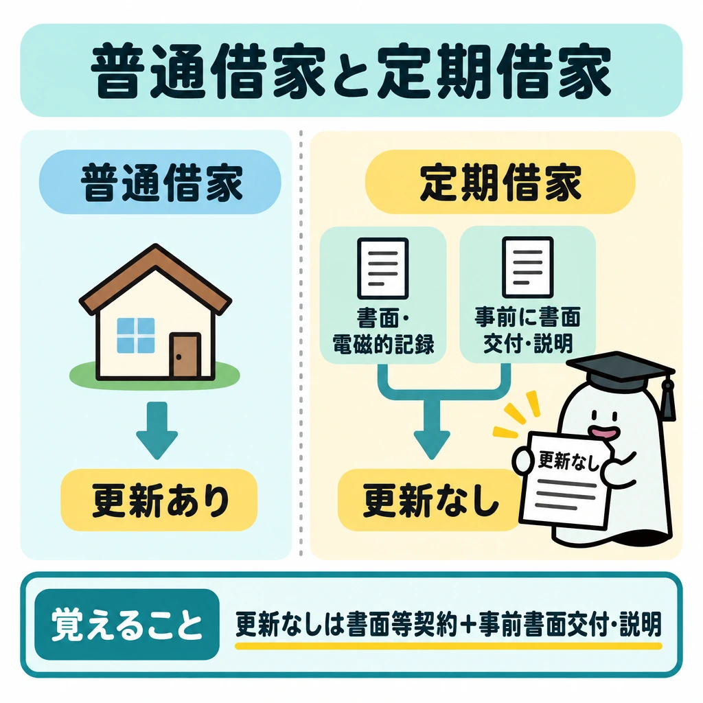 普通借家と定期借家の図解。中央の仕切りで左右を比較。左は普通借家から「更新あり」へ矢印をつなぎ、右は「書面・電磁的記録」での契約と「事前に書面交付・説明」の2条件を合流させて「更新なし」へつなぐ。
