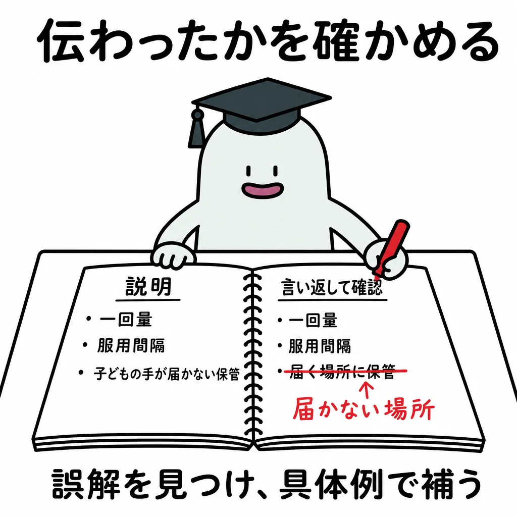 説明と使用者の言い返しをノートで比較し、保管場所の誤解をエルくんが赤ペンで訂正する図。