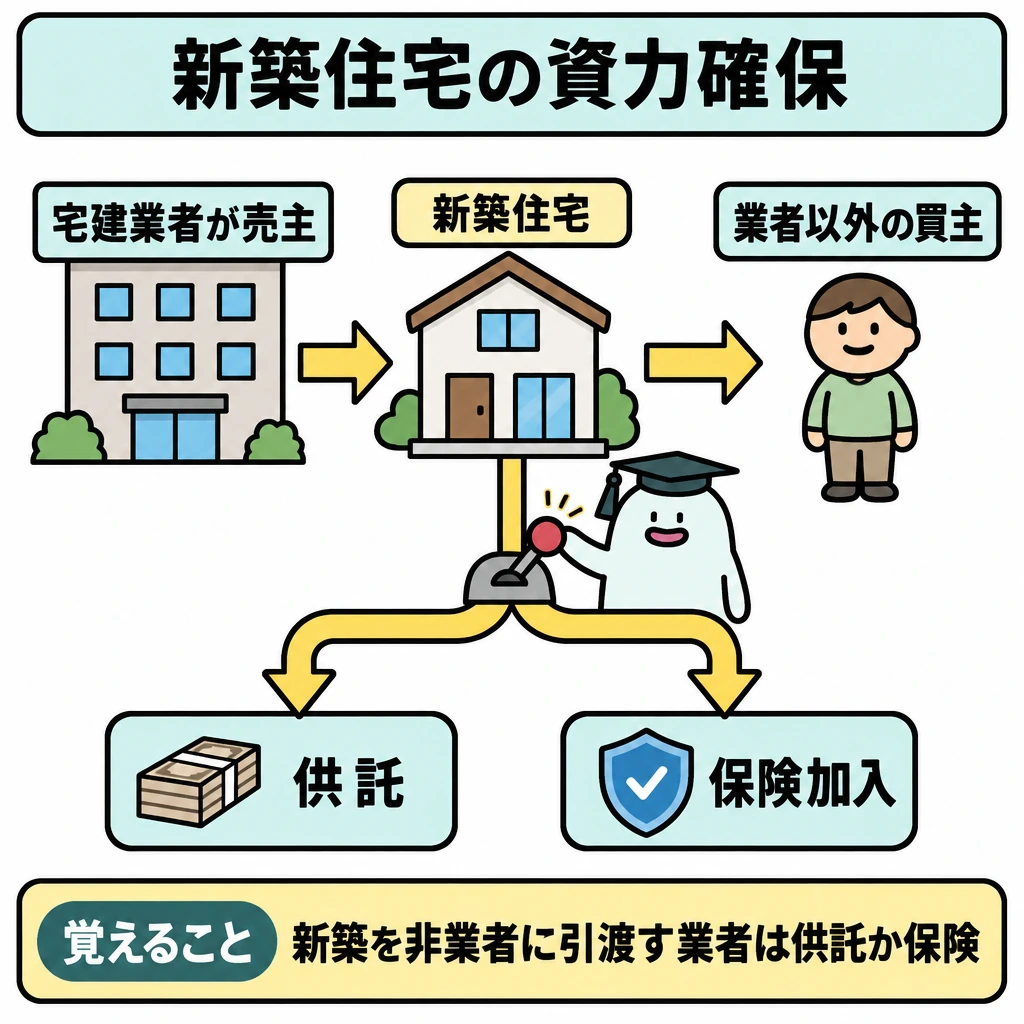 関連制度:住宅瑕疵担保履行法の図解。左の「宅建業者が売主」から中央の「新築住宅」を経て、右の「業者以外の買主」へ引き渡す矢印を描く。住宅の下から資力確保の経路を二股に分け、「供託」または「保険加入」のどちらかを選ぶ構図にする。