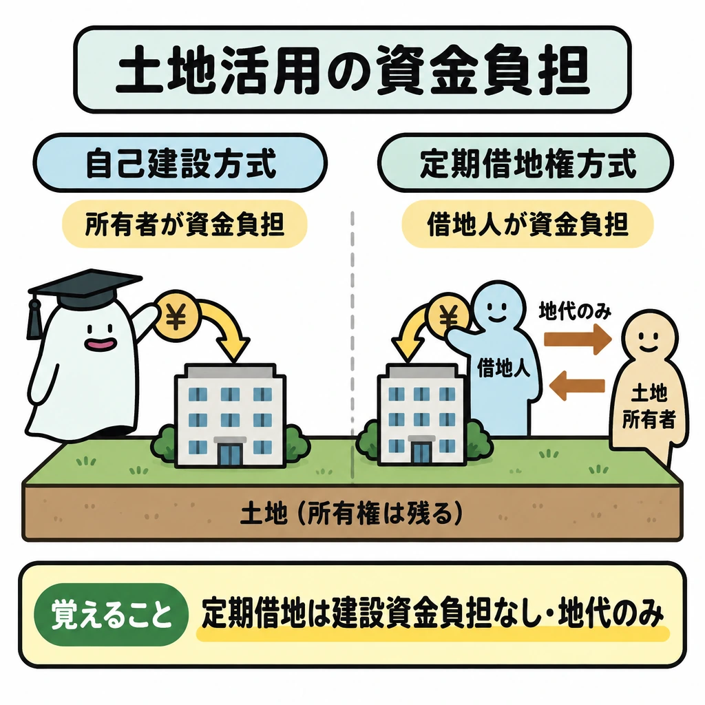 土地の有効活用の方式の図解。1つの土地の上に、自己建設方式と定期借地権方式を左右に分岐させて並べる。左は土地所有者から建物へ建設資金の矢印、右は借地人から建物へ建設資金の矢印と、借地人から土地所有者へ地代の矢印を描く。両方式とも土地の所有権は残る。