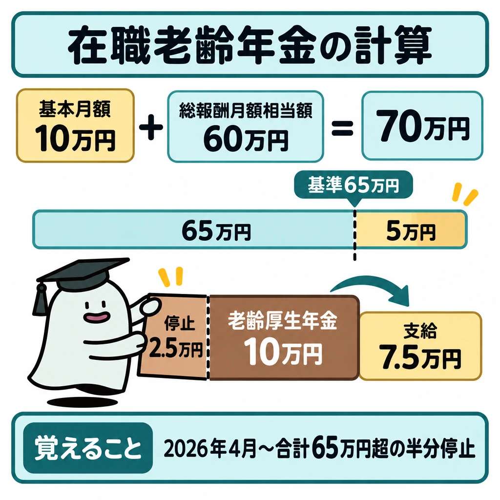 繰上げ・繰下げと在職老齢年金の図解。上段に「基本月額10万円+総報酬月額相当額60万円=70万円」の帯を左から右へ並べ、65万円の境界線を引く。超過した5万円の半分に当たる2.5万円を、下段の老齢厚生年金10万円から支給停止分として分け、支給7.5万円を残す。2026年4月からの例として描く。