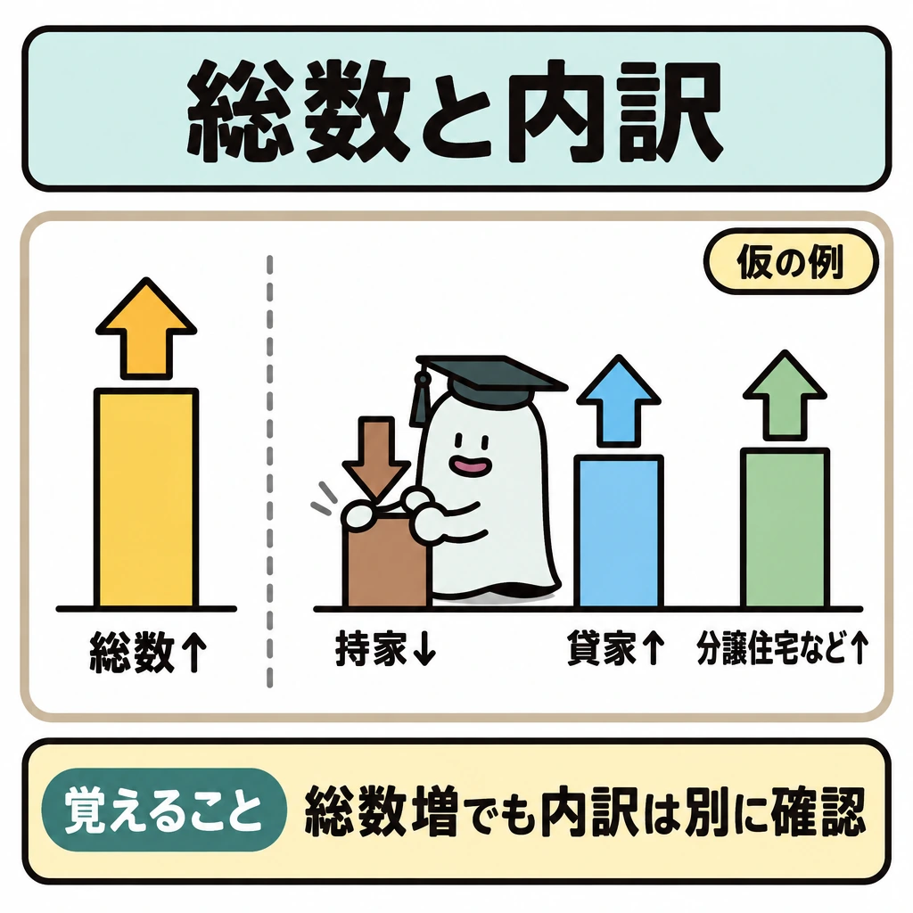 統計の読み方の図解。左に上向き矢印の総数、右に仕切りを挟んで持家・貸家・分譲住宅などの内訳を並べる。仮の例として内訳の矢印を上向きと下向きに分け、総数が増えても全区分が増えるとは限らないことを示す。