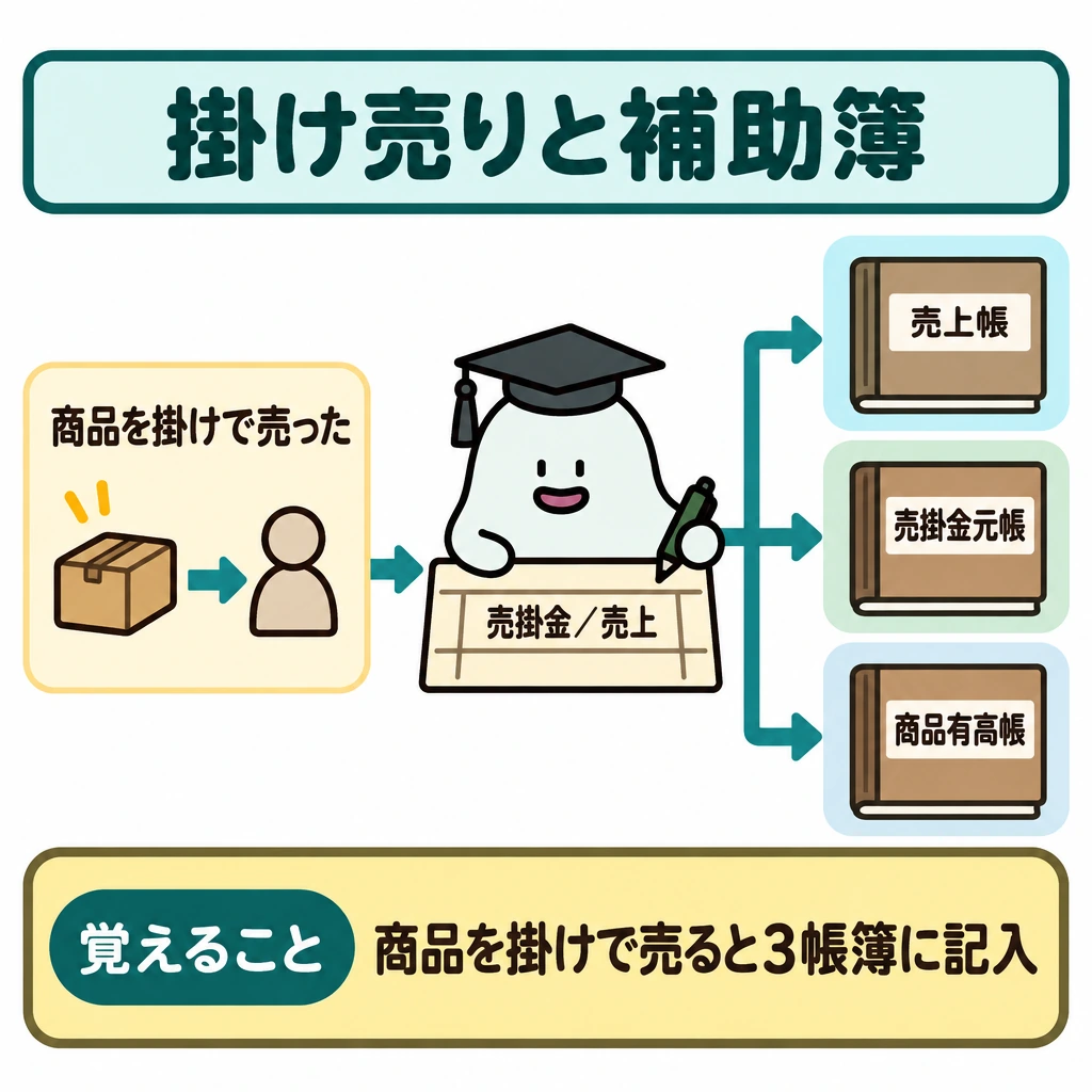補助簿の種類と照合先の図解。左に取引「商品を掛けで売った」、中央に仕訳「売掛金/売上」を置く。中央から右へ3本の矢印を分け、縦に並べた売上帳・売掛金元帳・商品有高帳につなぐ。
