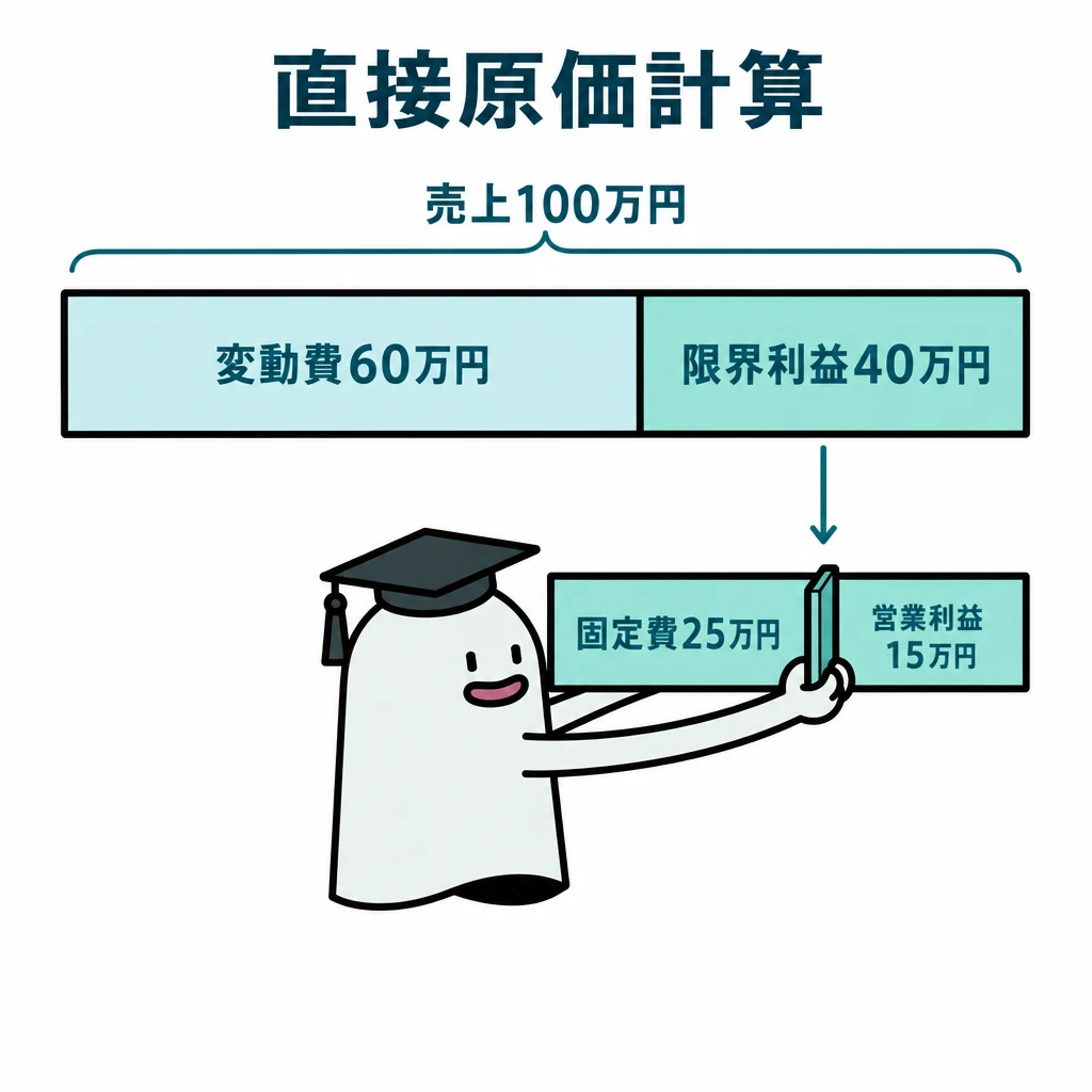 売上100万円の棒を変動費60万円と限界利益40万円に分け、エルくんが限界利益の棒に仕切りを入れて固定費25万円と営業利益15万円に分ける図。