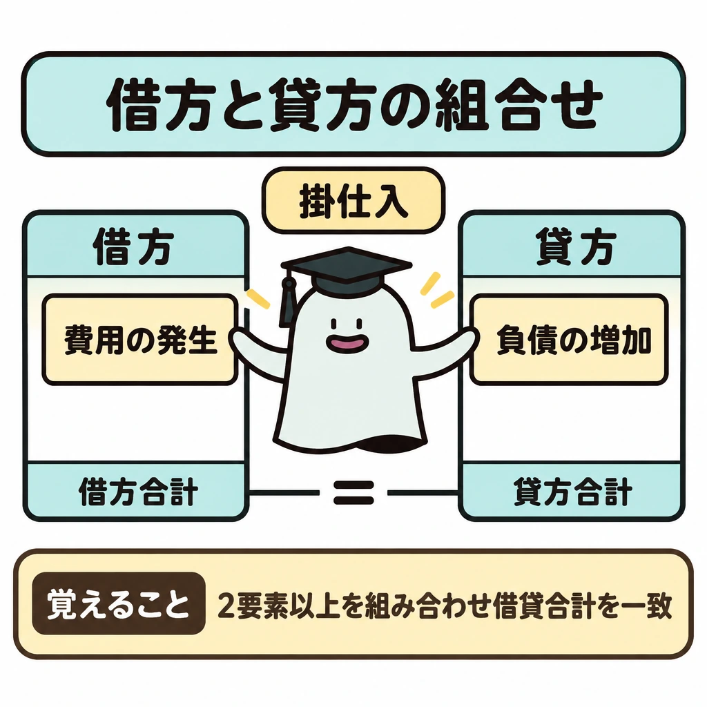 取引の8要素を両側に組み合わせるの図解。「掛仕入」を1つの取引として中央上に置き、縦の仕切りを挟んで左の借方に「費用の発生」、右の貸方に「負債の増加」を配置する。下部では左右の合計を等号で結び、借方合計と貸方合計が一致することを示す。