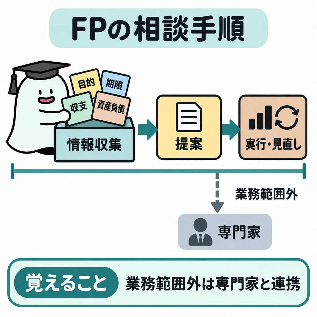 FPの相談手順と業務範囲の図解。中央に「情報収集」→「提案」→「実行・見直し」の3段階を左から右へ並べ、矢印でつなぐ。手順の下に業務範囲の仕切りを引き、範囲外となる部分から「専門家」へ連携する矢印を出す。