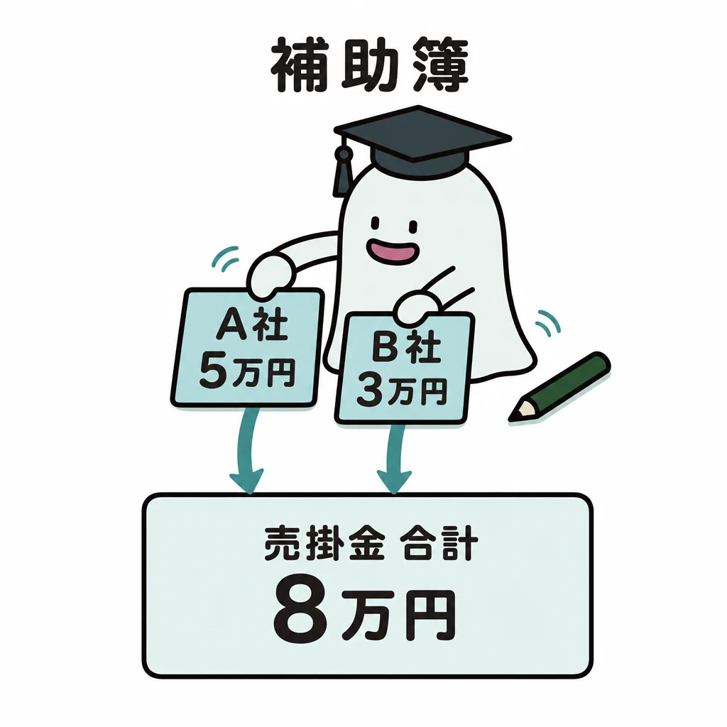エルくんが説明する図解。売掛金合計8万円からA5万円/B3万円に分ける内訳図。