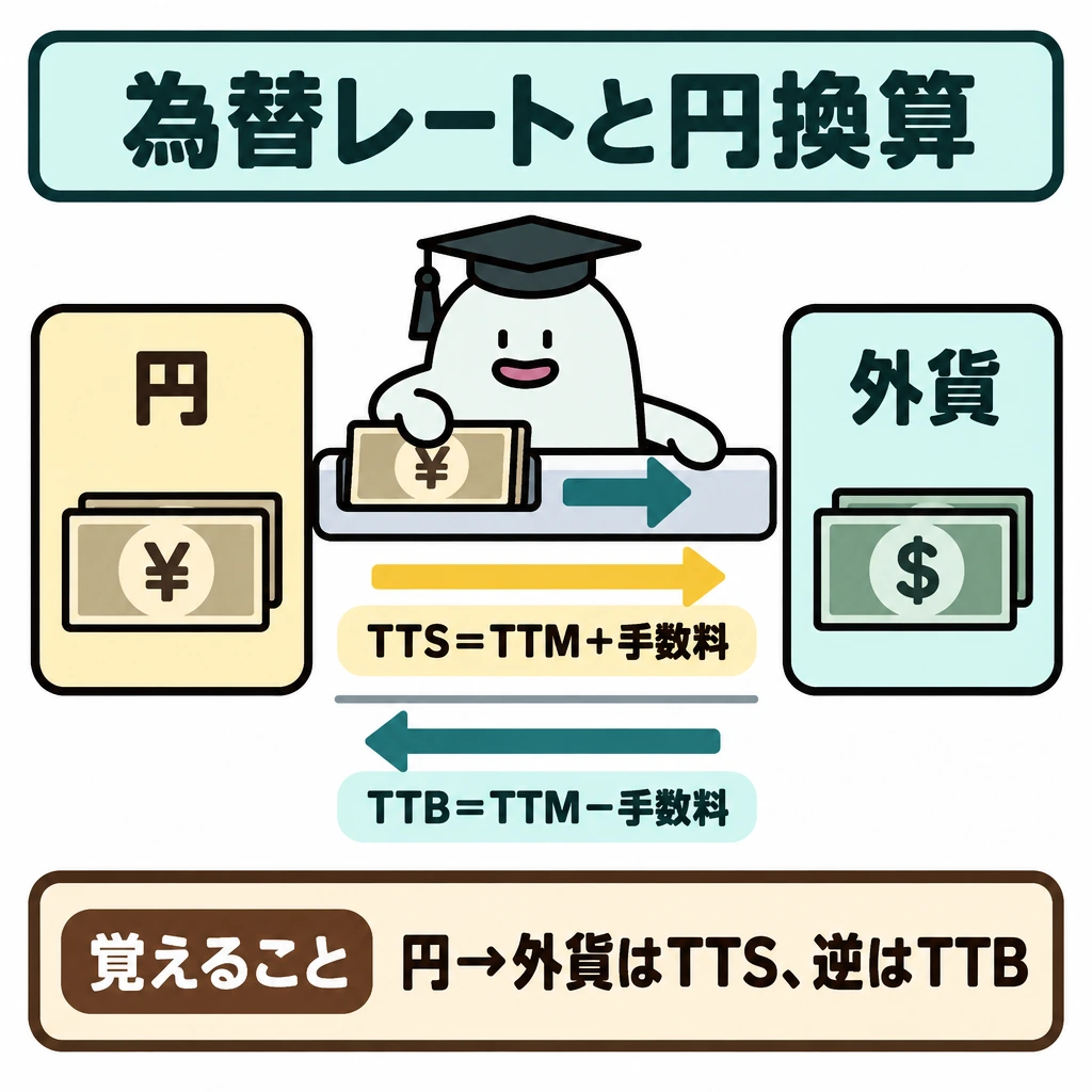 為替レートと円換算の図解。左に「円」、右に「外貨」を置き、中央を上下に仕切る。上段は右向き矢印でTTS=TTM+手数料、下段は左向き矢印でTTB=TTM−手数料と示す。