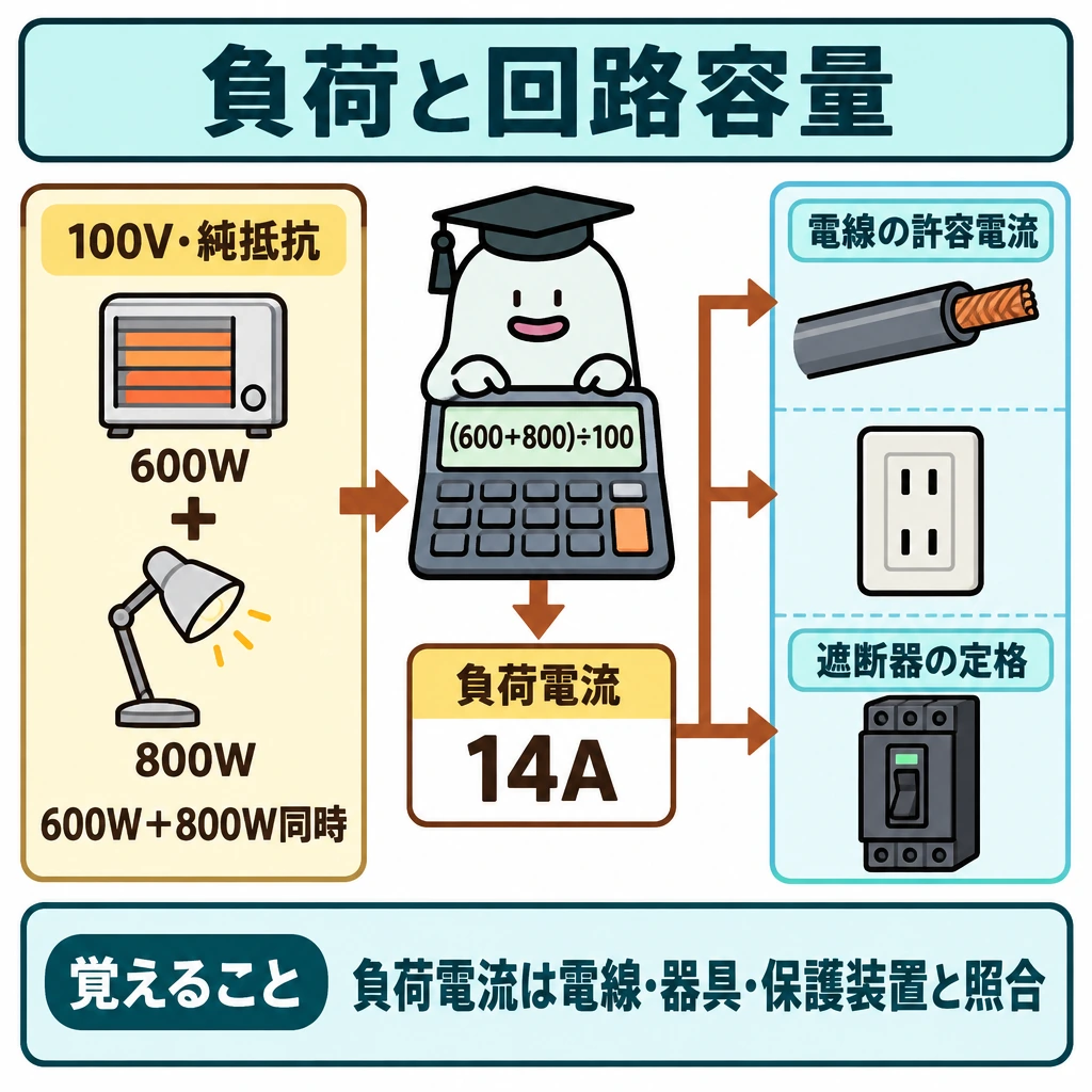 基本の仕組みの図解。左に100Vの純抵抗負荷600Wと800Wを同時に使う様子、中央に計算機と結果の14Aを置く。14Aから右側の電線・器具・遮断器へ照合の矢印を伸ばし、三者を仕切りで分けて同じ定格値だと見せない。