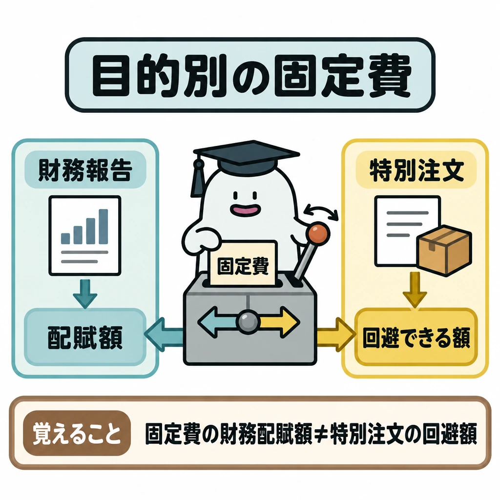 目的に応じた原価を選ぶの図解。中央の「固定費」から左右に矢印を分け、左を「財務報告→配賦額」、右を「特別注文→回避できる額」とする。左右を仕切り、同じ固定費でも目的によって見る額が異なることを示す。