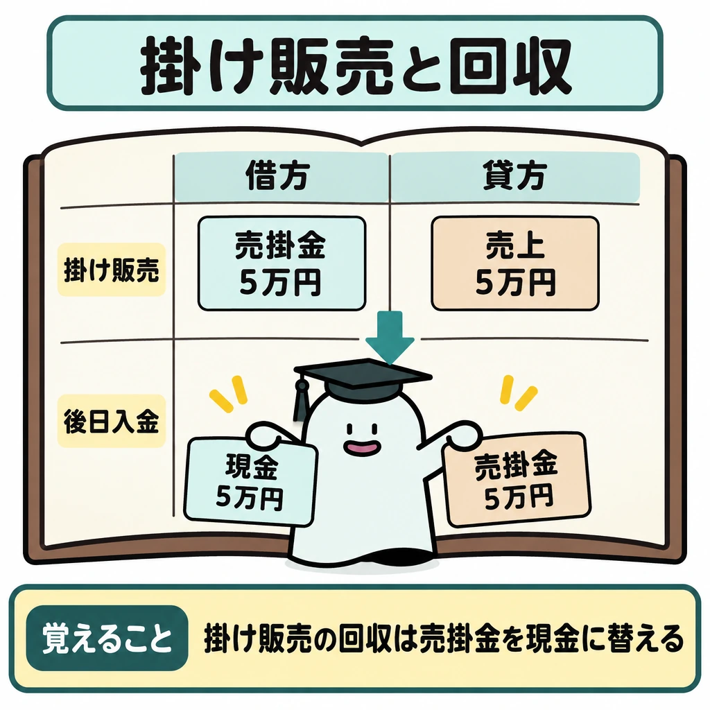 基本の仕組みの図解。中央に1冊の仕訳帳を大きく描き、左を借方、右を貸方、上段を掛け販売、下段を後日入金として横線で区切る。上段は左に「売掛金5万円」・右に「売上5万円」、下段は左に「現金5万円」・右に「売掛金5万円」を置き、上段から下段へ時間の矢印を引く。