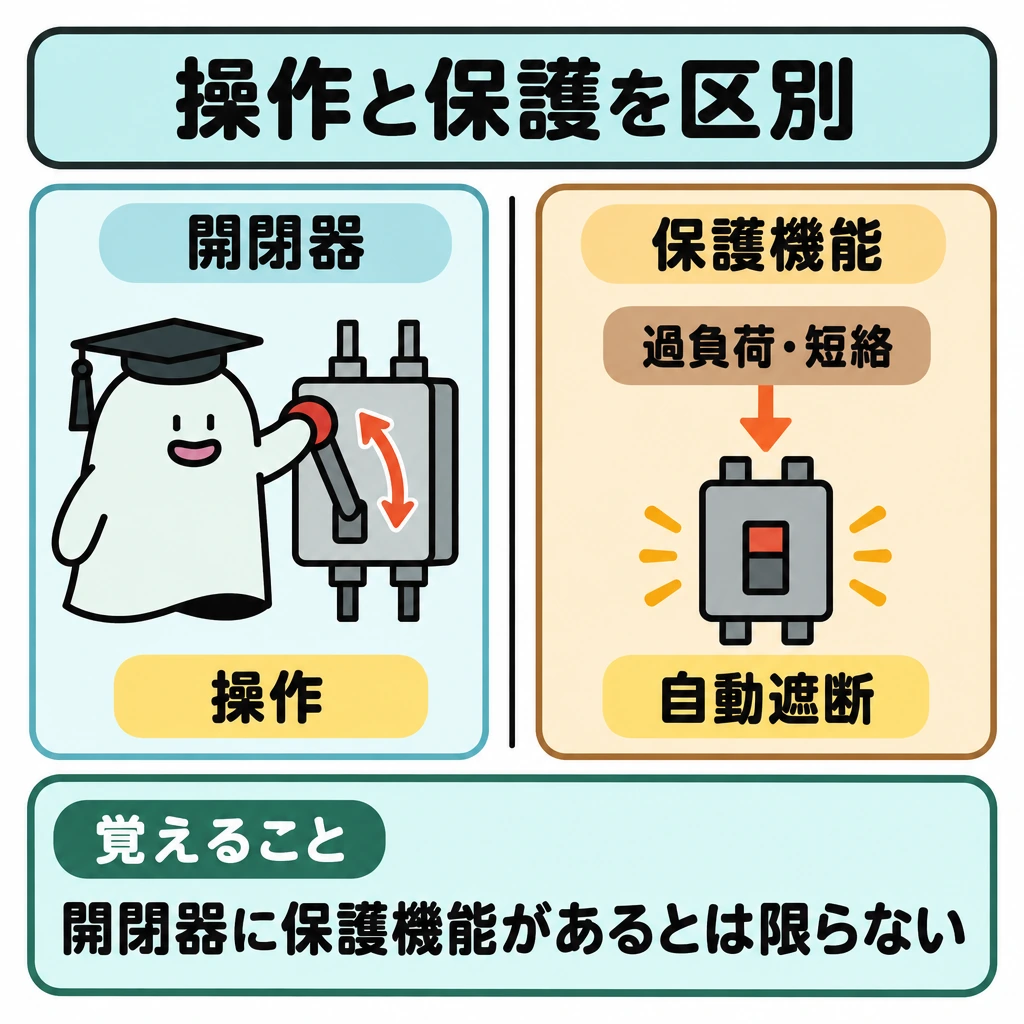 確認の図解。中央を縦線で仕切り、左に開閉器の操作部、右に保護機能を別枠で描く。左はレバーを動かす矢印、右は「過負荷・短絡」から「自動遮断」への矢印を置き、左右は矢印で結ばない。