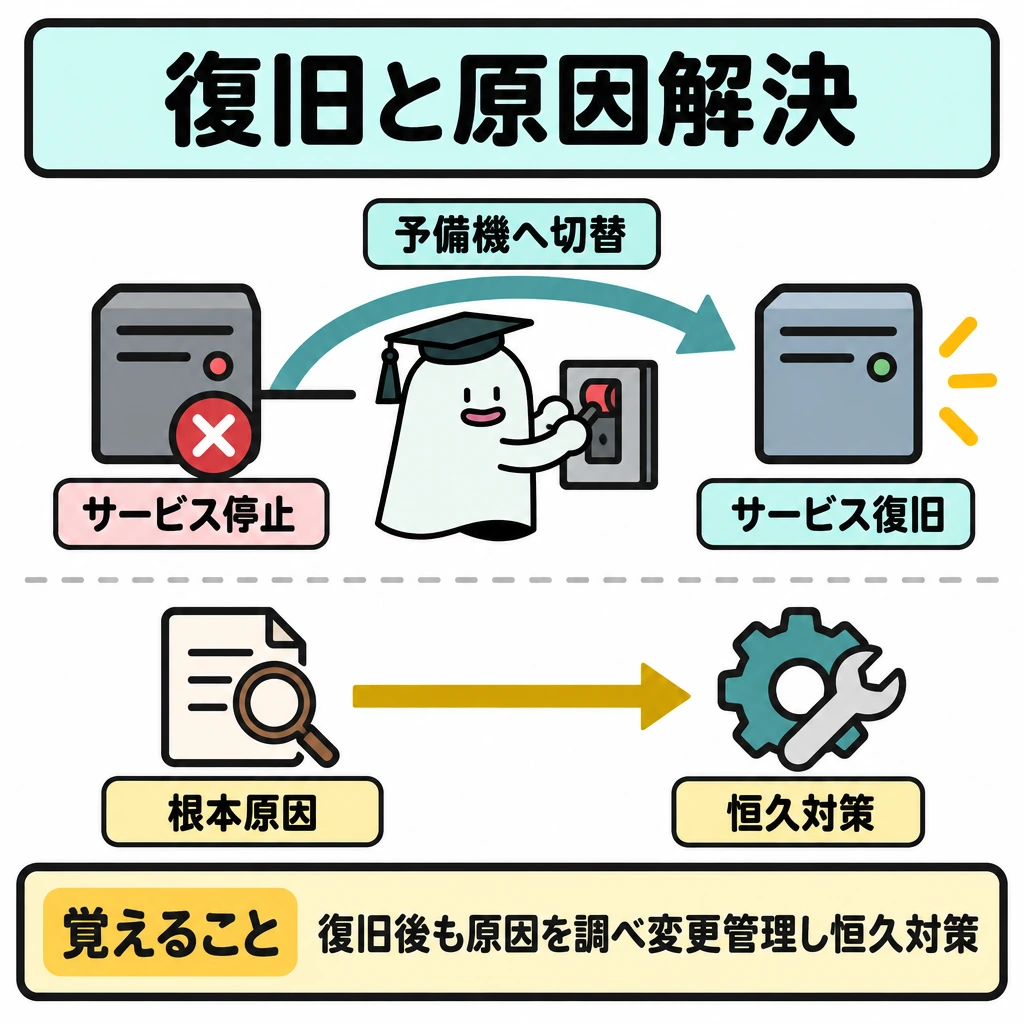 基本の仕組みの図解。中央に「サービス停止」を置き、上の矢印は右の予備機へ向かい「サービス復旧」につなぐ。下の矢印は「繰り返す停止の根本原因」から「恒久対策」へつなぎ、上下を仕切って復旧と原因解決の違いを示す。