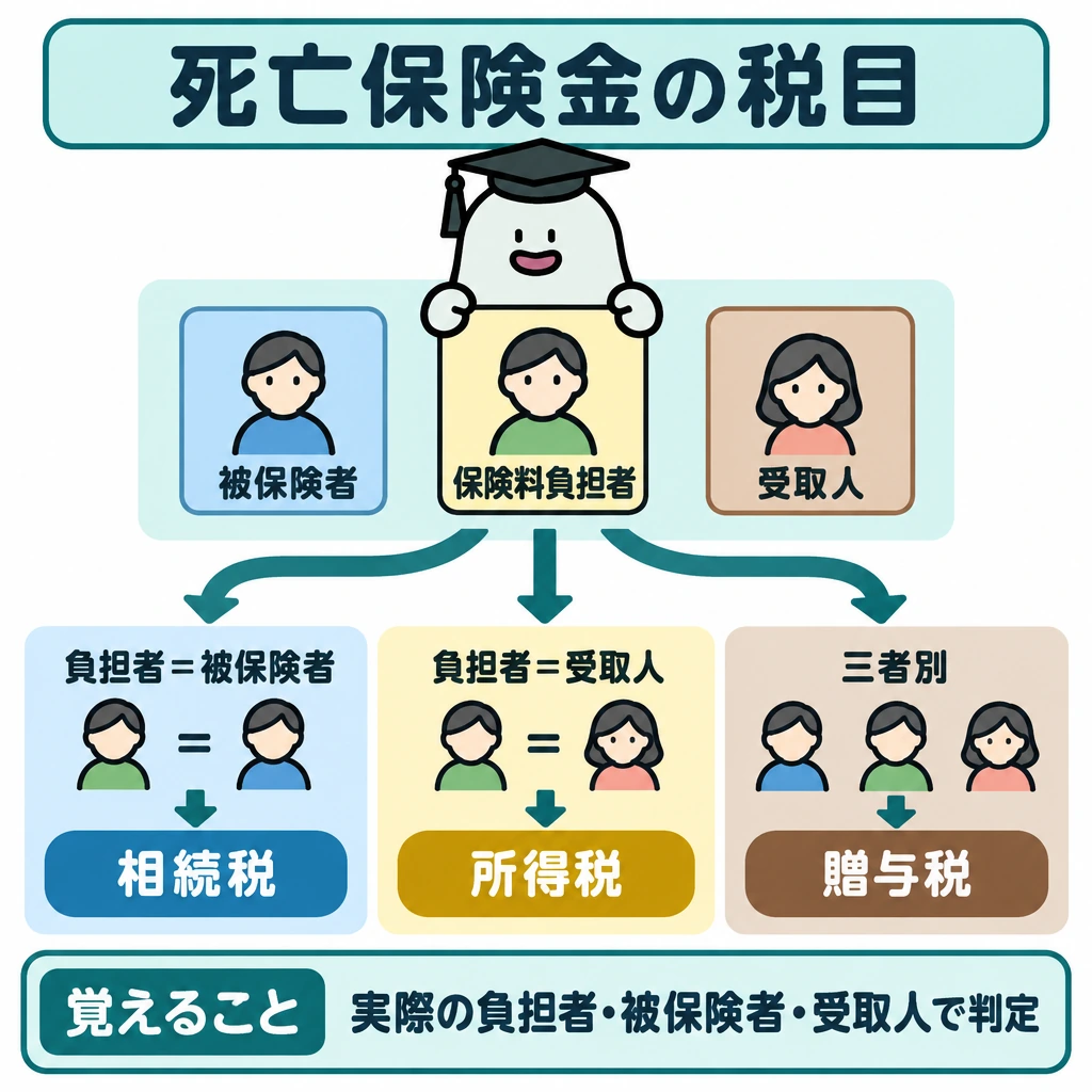 三者関係から税目を決めるの図解。正方形の上段に「被保険者・実際の保険料負担者・受取人」の人物札を並べ、中央から下段の3本の矢印へ分岐させる。各矢印の先に人物関係と原則の税目を一組ずつ示す。