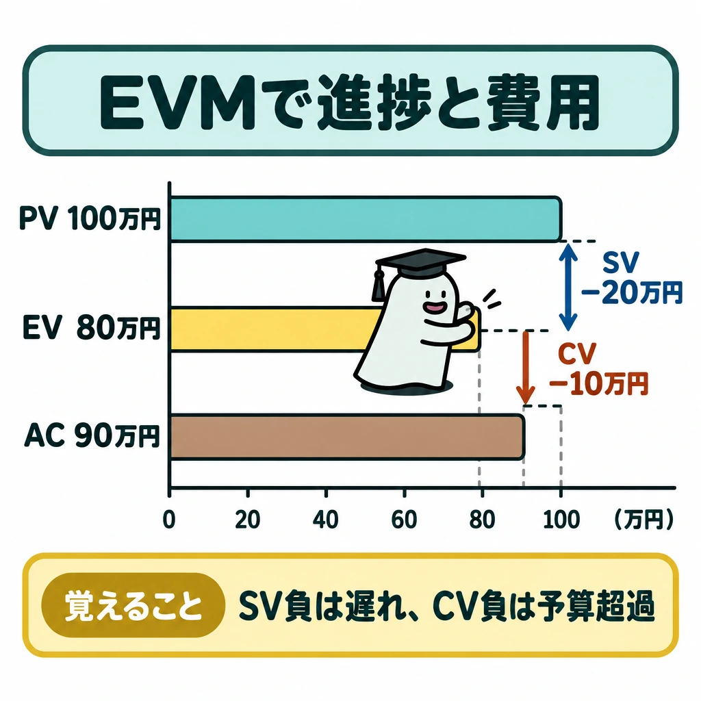 EVMで進捗とコストを測るの図解。共通の金額目盛りで、上からPV100万円、EV80万円、AC90万円の横棒を並べる。EVを起点にPVへ上向きの比較矢印「SV −20万円」、ACへ下向きの比較矢印「CV −10万円」を置き、2つの比較は左右に分けて示す。