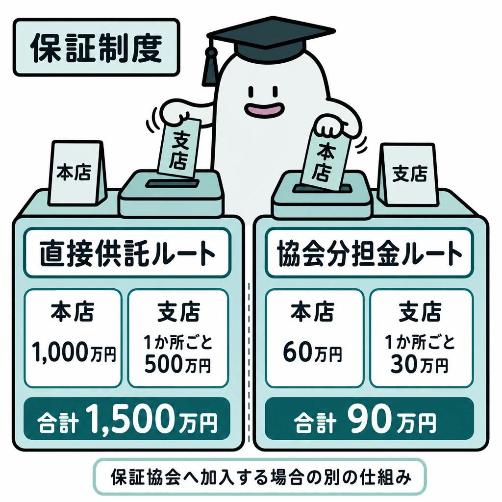 エルくんが説明する図解。直接供託1500万円ルートと協会分担金90万円ルートを役者別に対比。