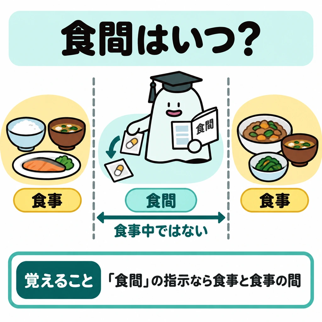 家庭での実践の図解。横一列に左の食事、中央の空白、右の食事を配置し、中央を「食間」と示す。中央と食事中の領域を仕切り、「食事中ではない」と添える。