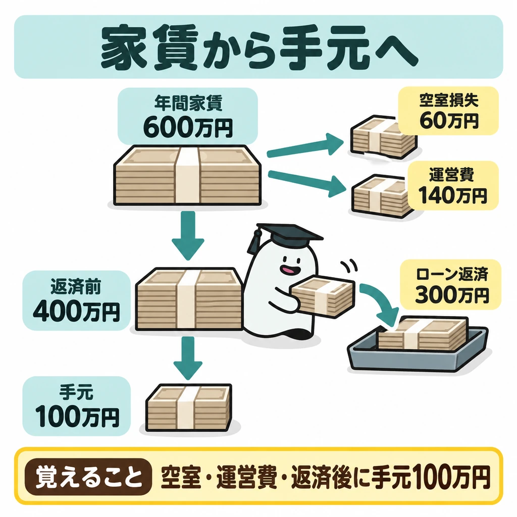 基本の仕組みの図解。上から下へ、年間家賃600万円から空室損失60万円と運営費140万円を右へ差し引き、中央に借入返済前の400万円を残す。さらにローン返済300万円を右へ差し引き、最下部の手元100万円へ矢印でつなぐ。