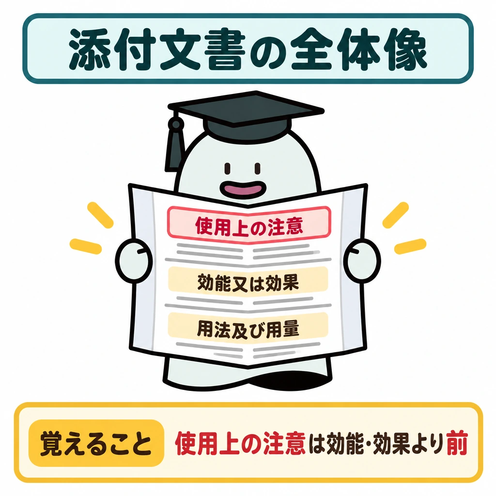 添付文書の全体像の図解。中央に開いた紙の添付文書を置き、中段の抜粋として上から「使用上の注意」→「効能又は効果」→「用法及び用量」の順に並べる。項目間は罫線で区切り、「使用上の注意」だけを枠と文字色で目立たせる。