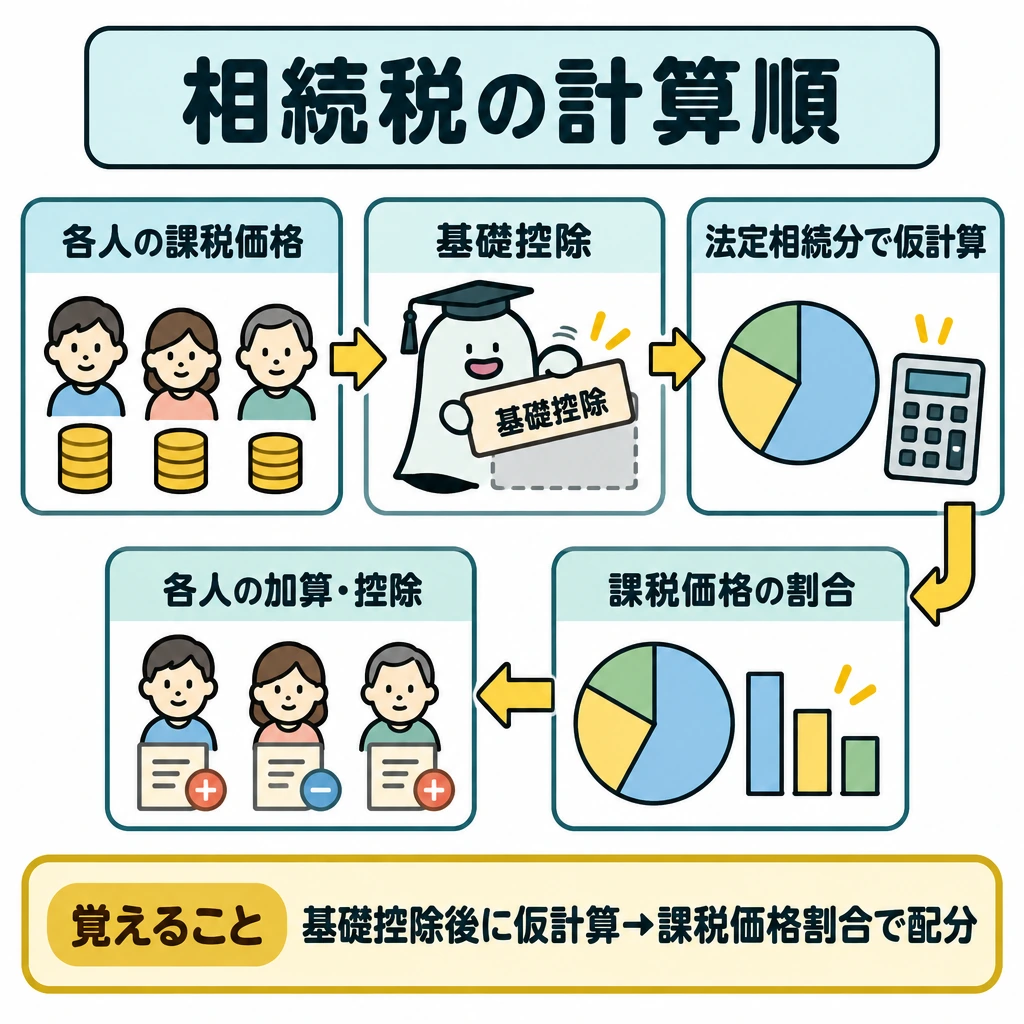 課税価格から各人の納付額までの図解。1枚の計算シートに5つの枠を並べ、上段左→右、右端から下段へ、下段右→左の矢印でつなぐ。各人の課税価格を合計して基礎控除を引き、法定相続分で税の総額を仮計算した後、実際の課税価格の割合で配分し、各人の加算・控除へ進む。