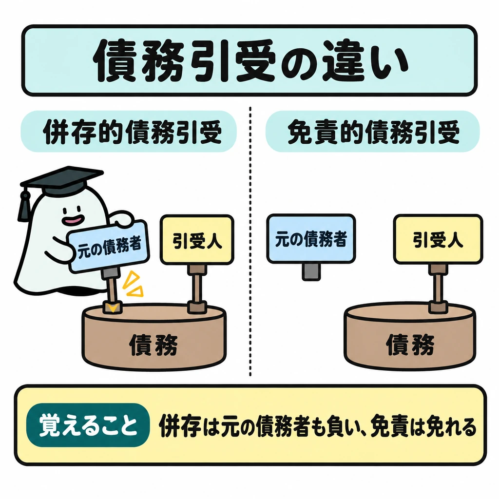 典型契約と債務引受の図解。中央の縦線で左右を分け、左の併存的債務引受では「元の債務者」と「引受人」の札を同じ債務につなぐ。右の免責的債務引受では「引受人」だけを債務につなぎ、「元の債務者」の札は線の外に置く。