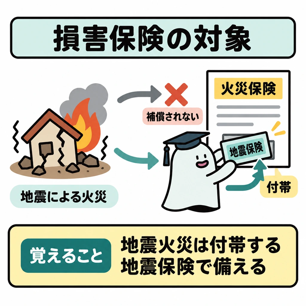 損害保険の対象と計算条件の図解。左に「地震による火災」、右上に「火災保険」、右下に付帯した「地震保険」を配置する。火災保険へ向かう矢印は×で止め、地震保険へ向かう矢印はつなぐ。