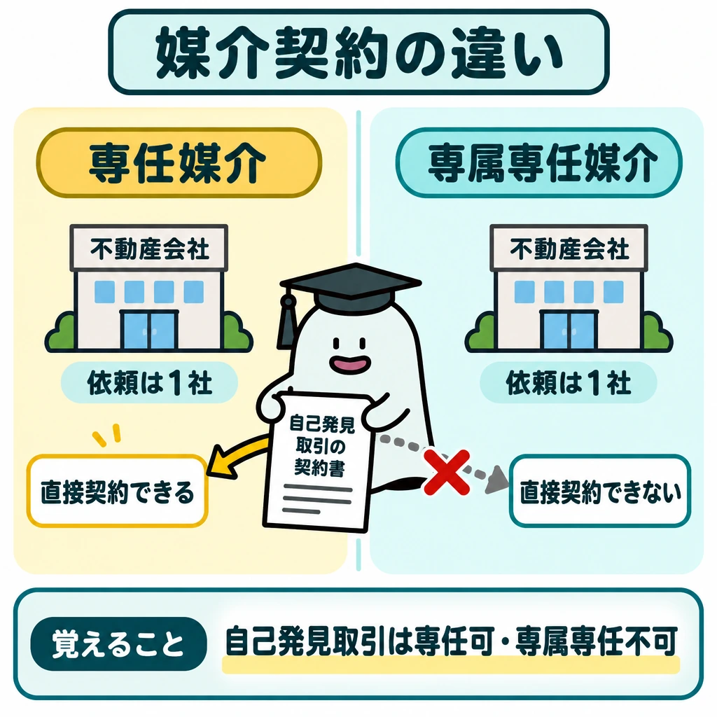 媒介契約と報酬の図解。画面を縦に二分し、左を専任媒介、右を専属専任媒介にする。どちらも依頼先の業者を1社だけ描き、中央下の自己発見取引の契約書から左へは通る矢印、右へは遮断された矢印を伸ばす。