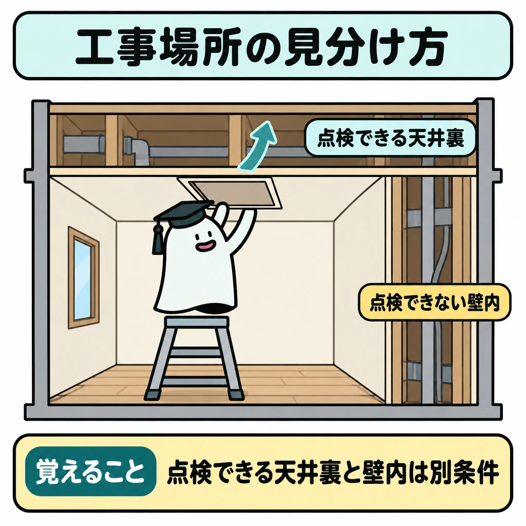 基本の仕組みの図解。一つの部屋の断面を描き、上の天井裏と横の壁内部を仕切って示す。天井裏には開いた点検口からの矢印を入れ、壁内部には点検口を描かず、点検性が異なることを対比する。