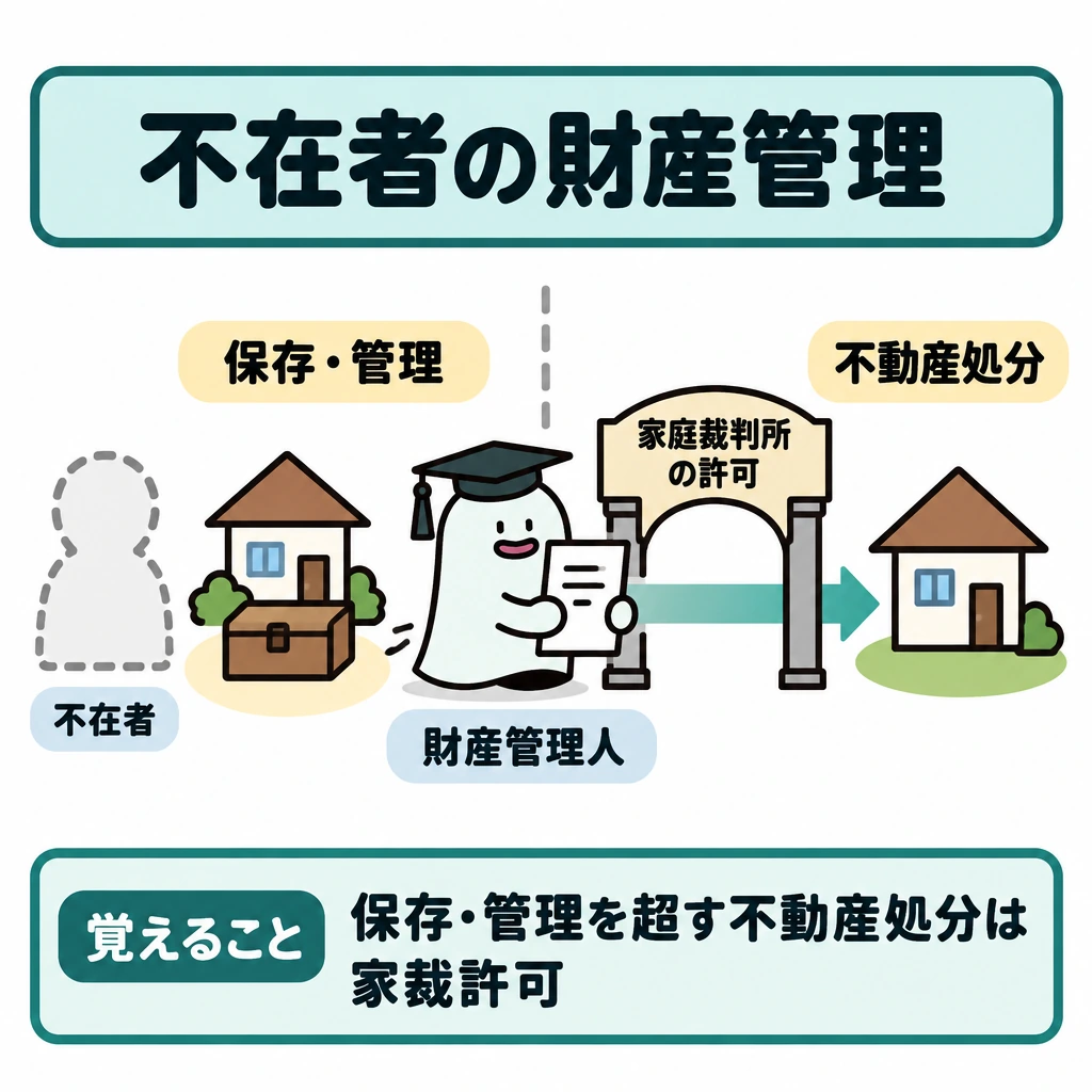 不在者の財産管理の図解。中央に不在者の財産管理人を置き、左に「保存・管理」、右に「不動産処分」を配置する。両者を境界線で分け、右へ進む矢印の途中に「家庭裁判所の許可」の門を置く。
