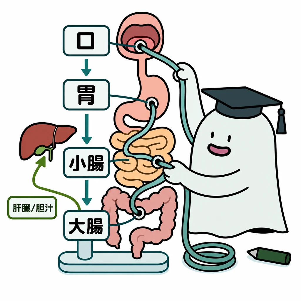エルくんが説明する図解。口→胃→小腸→大腸、肝臓/胆汁の補助矢印を添える。