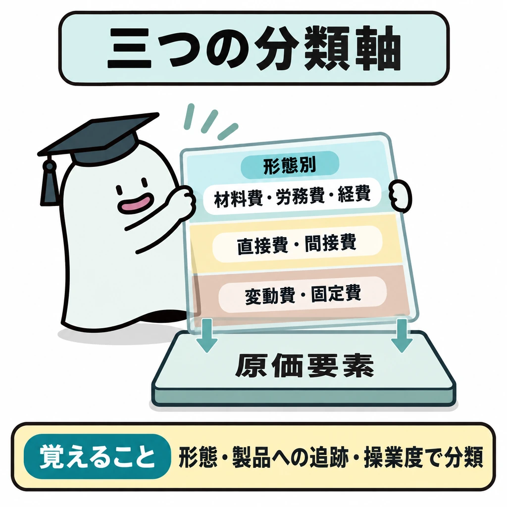 三つの分類軸を重ねるの図解。中央の「原価要素」カードに、エルくんが透明な分類シートを重ねる。シートは上下3段に分け、上段に形態別の「材料費・労務費・経費」、中段に製品への追跡可能性による「直接費・間接費」、下段に操業度との関係による「変動費・固定費」を配置し、三つの軸が同じ原価要素にかかることを示す。