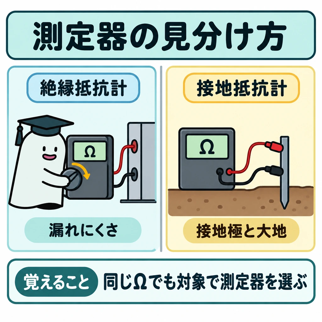 基本の仕組みの図解。中央の仕切りを挟み、左に絶縁抵抗計と「電気が外へ漏れにくいか」を示す図、右に接地抵抗計と接地極・大地を描く。それぞれの計器から測定対象へ矢印を向け、両方の表示に同じ「Ω」を記す。