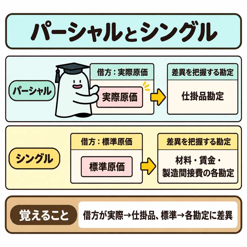 パーシャル・プランとシングル・プランの図解。中央に一つの比較表を置き、上段をパーシャル、下段をシングルとする。各段で仕掛品勘定の借方の記入額から差異を把握する勘定へ矢印を引き、上段は実際原価→仕掛品勘定、下段は標準原価→材料・賃金・製造間接費の各勘定と示す。