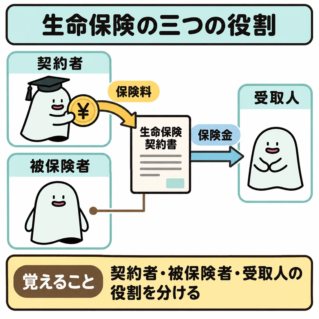 契約の当事者と支払条件の図解。中央に生命保険の契約書を置き、左上の契約者からは保険料の矢印、左下の被保険者へは保障の対象を示す線、右の受取人へは保険金の矢印を引く。三つの役割は仕切って示し、別人であるとは表現しない。