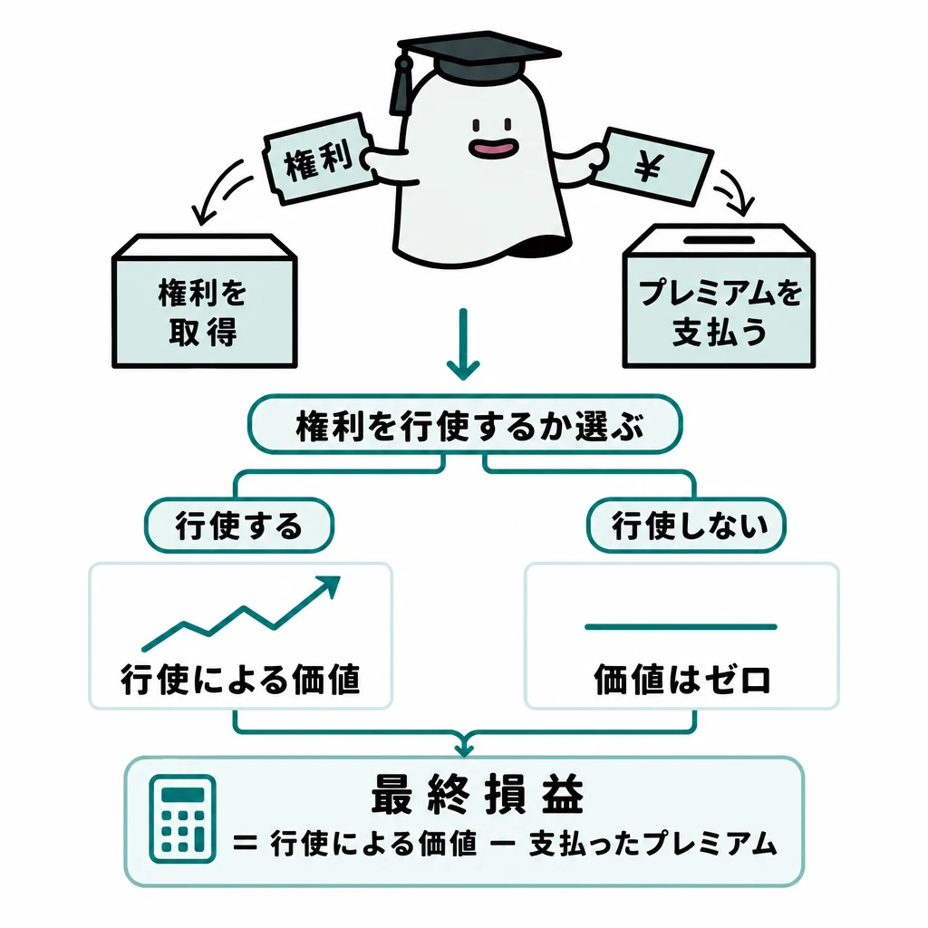 権利の取得とプレミアムの支払いを分け、行使するか選んだ後にプレミアムを差し引いて損益を求める図