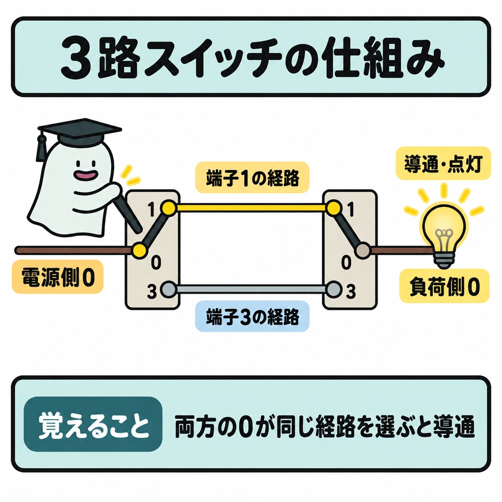 基本の仕組みの図解。正方形の中央に3路スイッチを左右に一つずつ置き、左の共通端子0を電源側、右の共通端子0を負荷側につなぐ。間に端子1・3の二つの経路を上下に描き、両方が端子1を選んで負荷まで導通する状態を強調する。