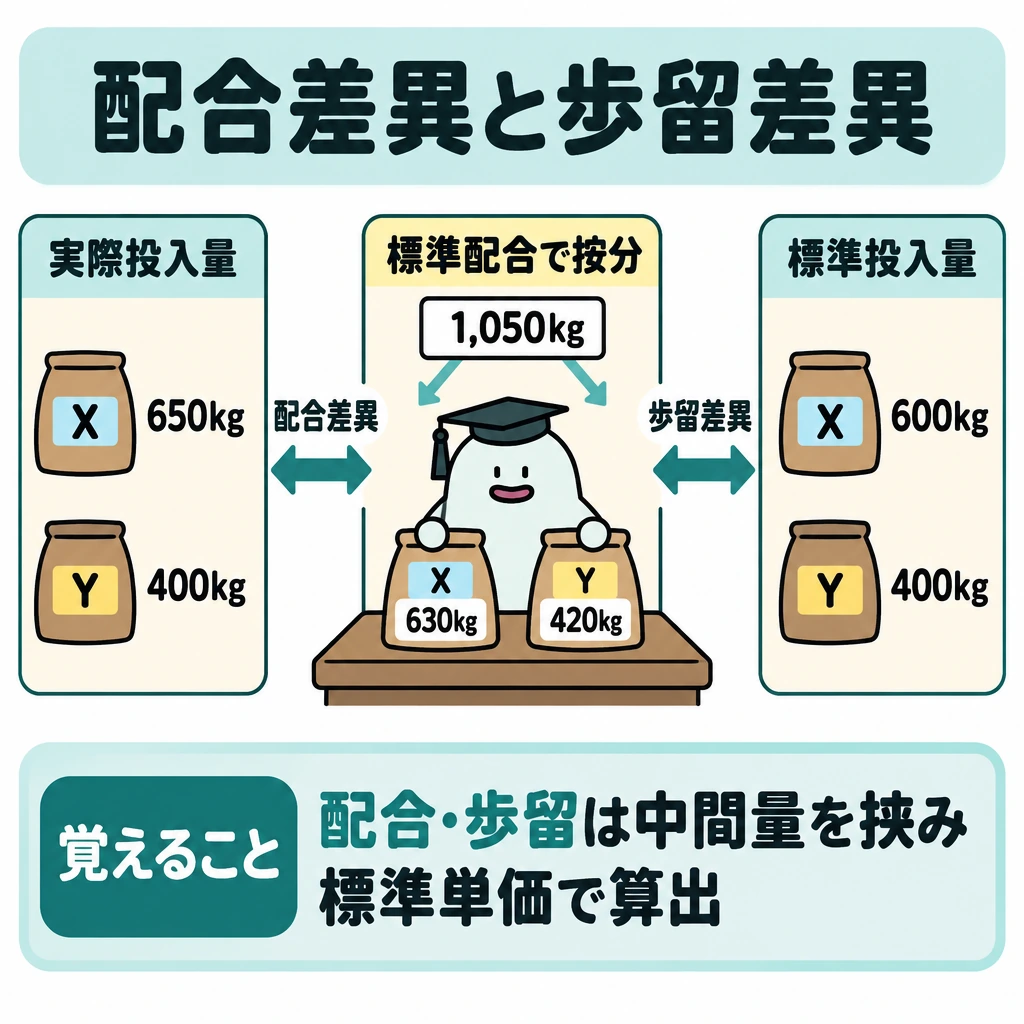 配合差異・歩留差異と記帳方法の図解。横一列に、左「実際投入量」X650kg・Y400kg、中央「標準配合で按分」X630kg・Y420kg、右「標準投入量」X600kg・Y400kgを置く。中央は実際投入総量1,050kgを標準配合で分けた量と明記し、左↔中央を「配合差異」、中央↔右を「歩留差異」で結ぶ。右の標準投入量は実際産出800kgに対応する。
