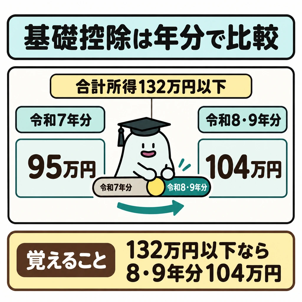 主な所得控除の金額(年分に注意)の図解。上部に「合計所得132万円以下」を共通条件として置き、中央を縦に仕切って左に令和7年分の95万円、右に令和8・9年分の104万円を並べる。金額の間には左から右への矢印を置き、年分による違いを示す。