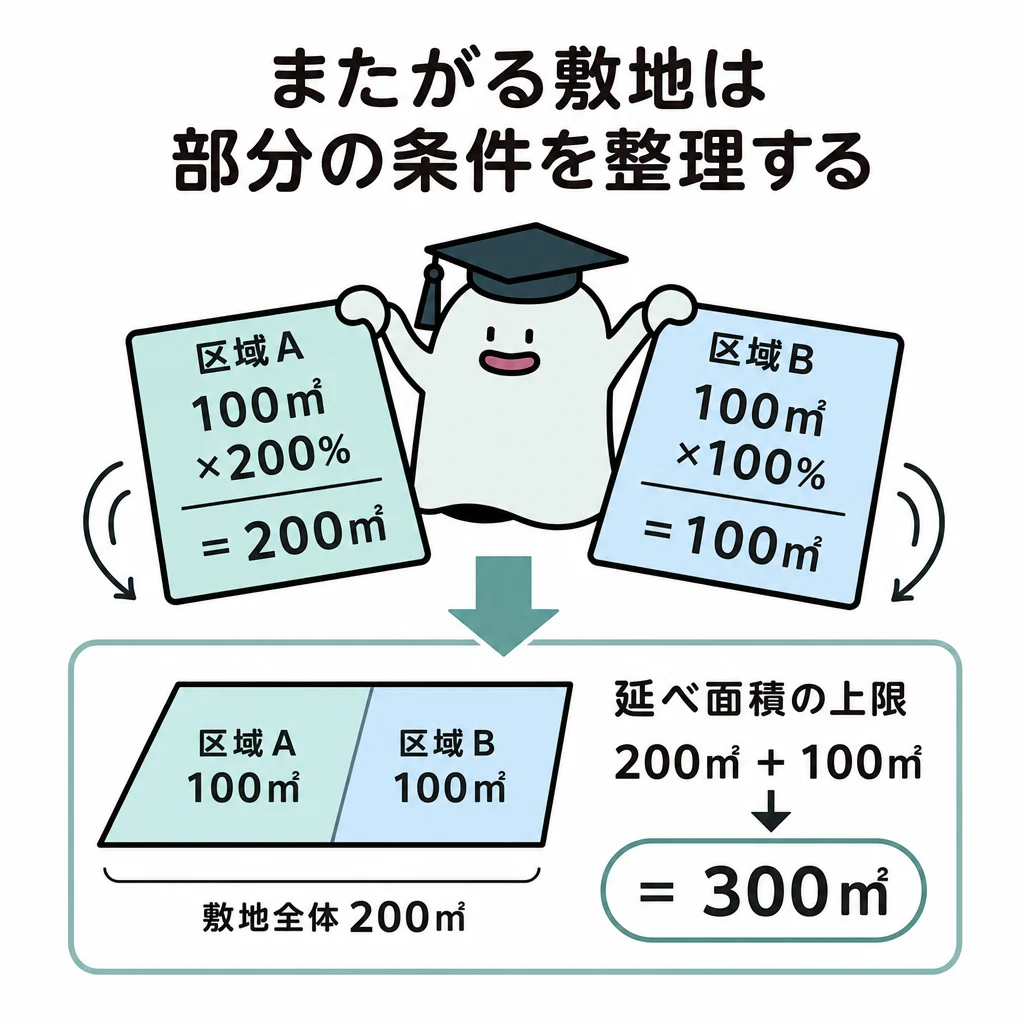 異なる容積率の敷地部分を別々に計算する図。100㎡×200%と100㎡×100%を合計し、延べ面積300㎡を求める。