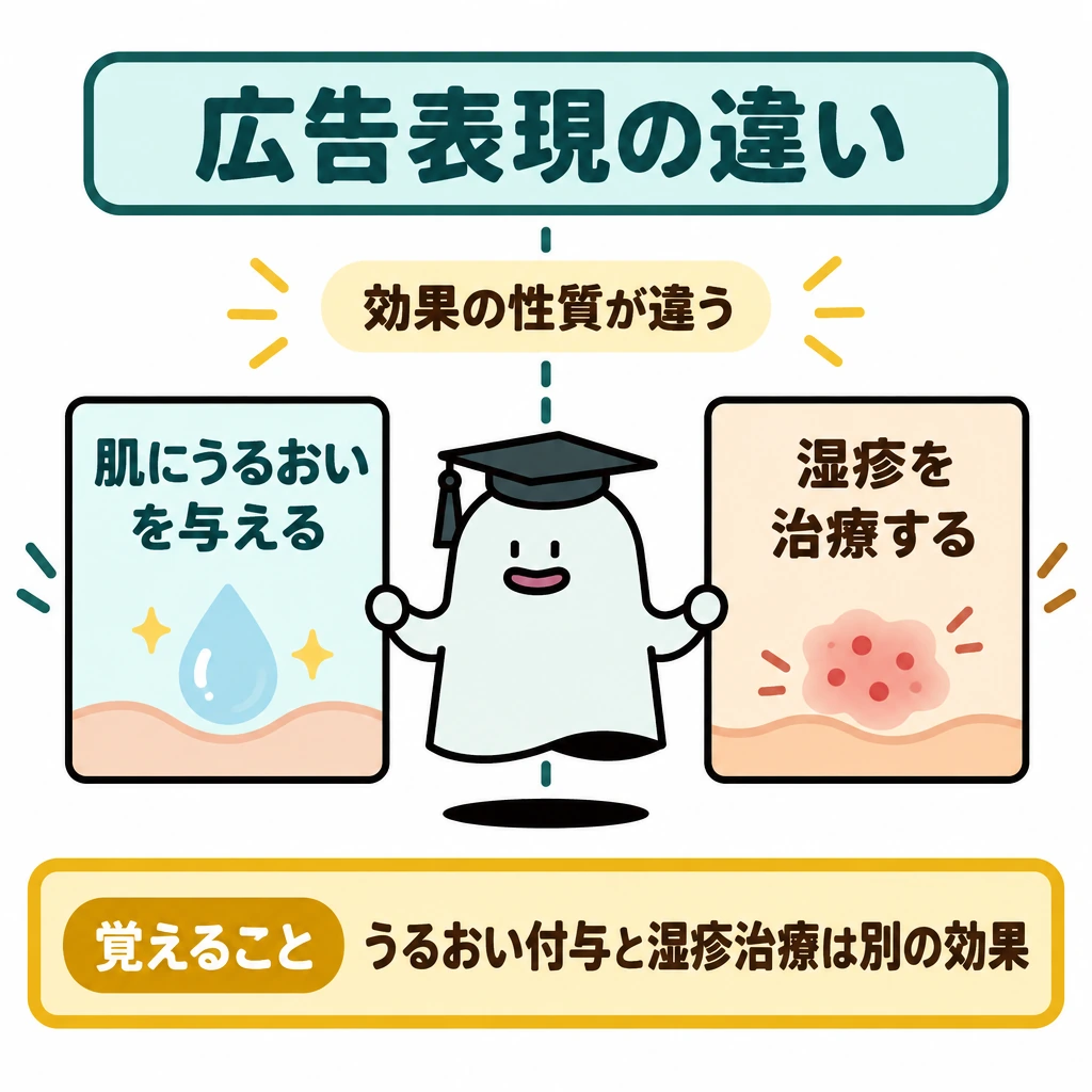 具体的な広告の判断の図解。画面を縦の仕切りで二分し、左に「肌にうるおいを与える」、右に「湿疹を治療する」の広告カードを並べる。仕切りの上に「効果の性質が違う」と置き、二つを同じ効果として扱わない比較図にする。