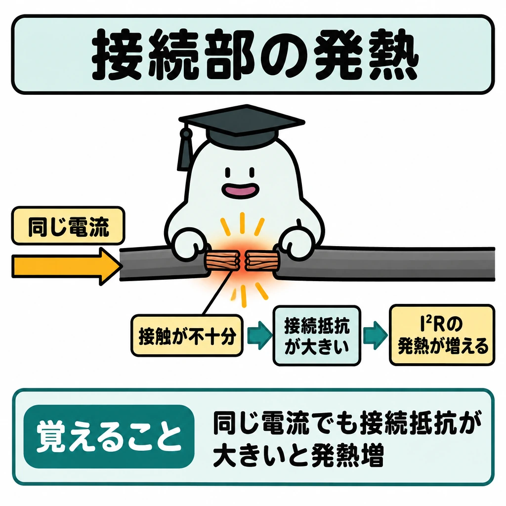 基本の仕組みの図解。中央に接触が不十分な電線の接続部を大きく描き、左から「同じ電流」の矢印を通す。接続部から右へ「接続抵抗が大きい」→「I²Rの発熱が増える」と矢印でつなぎ、熱は接続部だけに示す。
