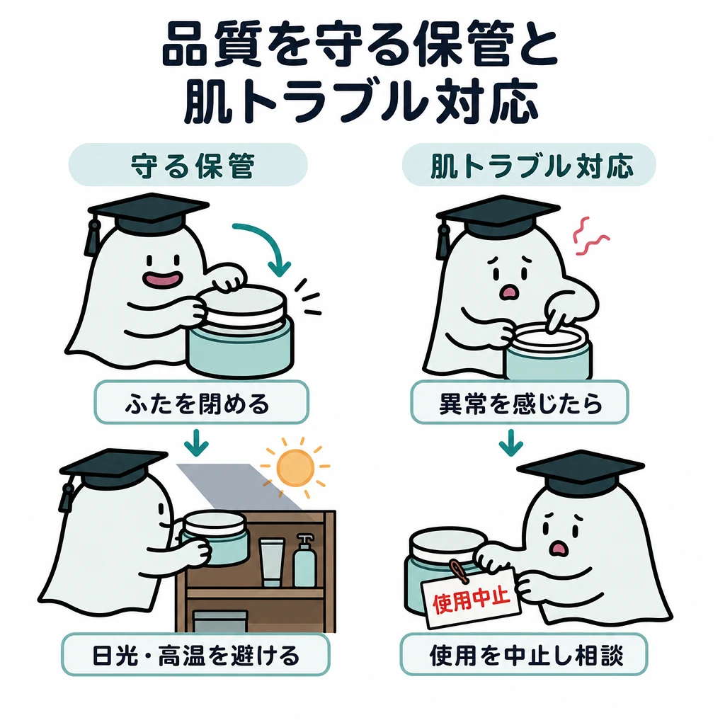 エルくんが説明する図解。清潔使用/ふた/日光高温回避の保管と、異常→中止相談の二経路。