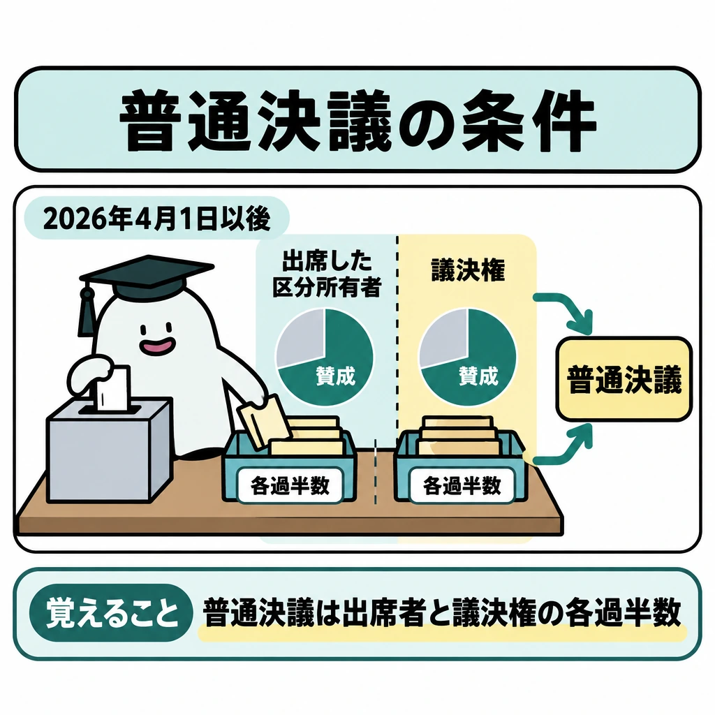 マンションのルール(区分所有法)の図解。1つの集会の投票を、縦の仕切りで「出席した区分所有者」と「議決権」の2つの集計欄に分ける。両欄の賛成がそれぞれ過半数になったときだけ、2本の矢印を右側の「普通決議」につなぐ。